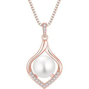 Sterling Silver 18K Rose Gold Plated 10MM Cultured Pearl Pendant Necklace NWT